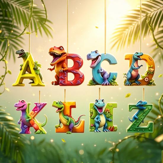 Creative Christmas Stocking Stuffers 26 Letters Cartoon Dinosaur Advent Calendar, 2D Acrylic Dino Figures Countdown Calendar with Pendants Ornaments,