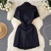 Niche design sense retro suit lapel short-sleeved dress women's summer lace-up waist and thin temperament casual skirt