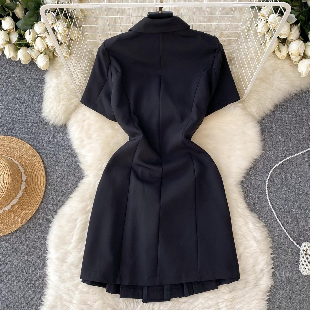 Niche design sense retro suit lapel short-sleeved dress women's summer lace-up waist and thin temperament casual skirt