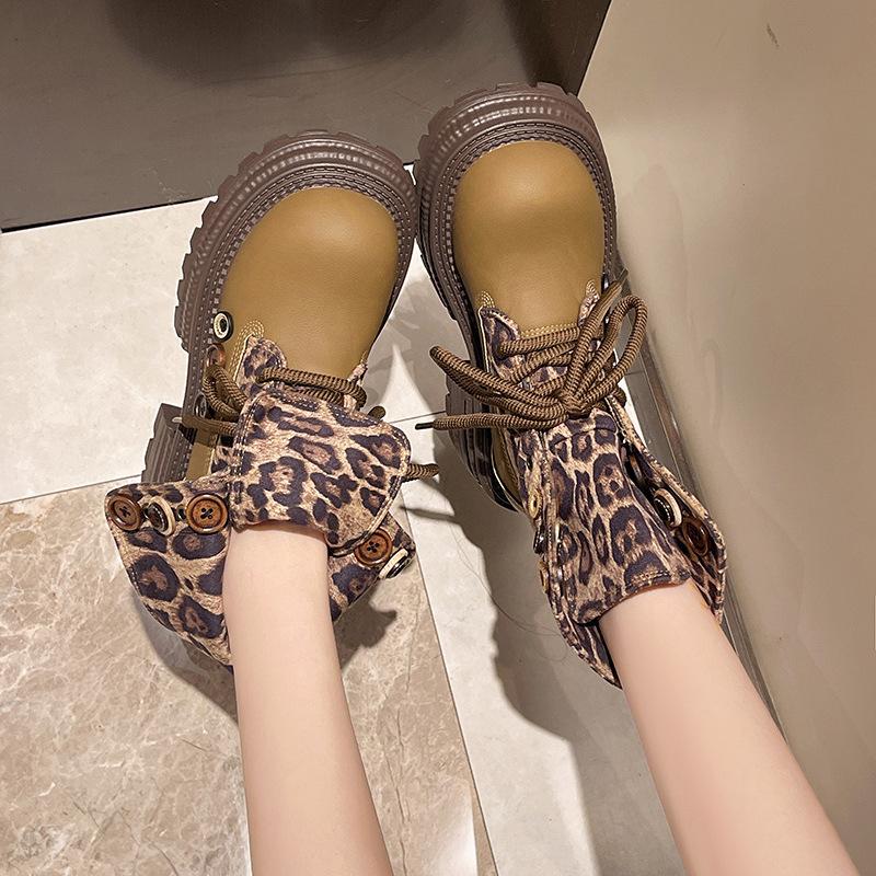 Real Soft Leather Thick-soled Martin Boots Women's 2025 Autumn and Winter New Leopard Print Locomotive Boots Velvet Short Boots Retro Slim Women's B