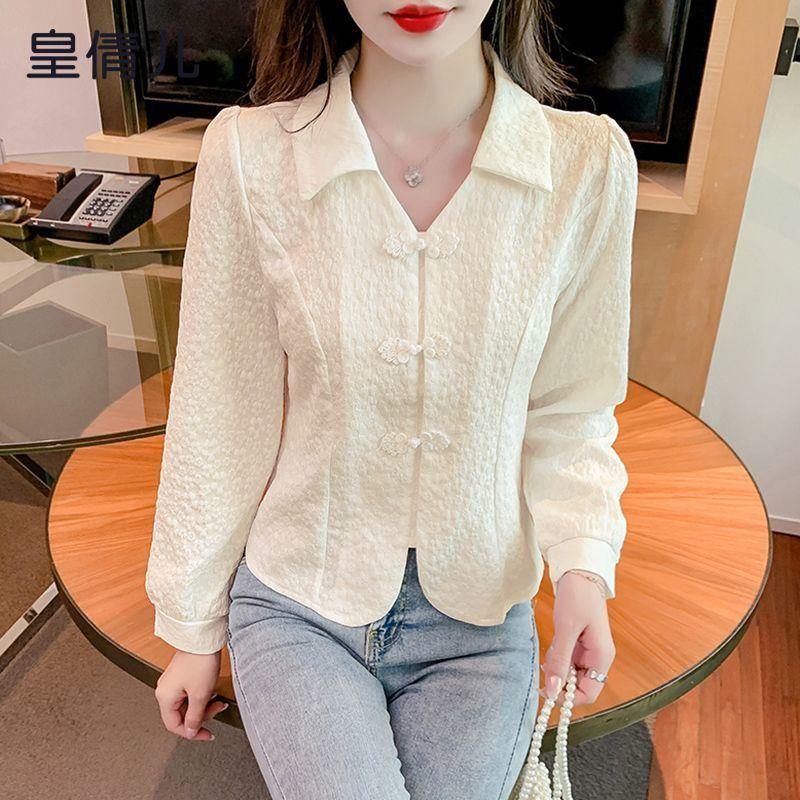 Temperament Slimming New Style Age-reducing Western Style Versatile Retro Buckle Design Chiffon Long-sleeved Top