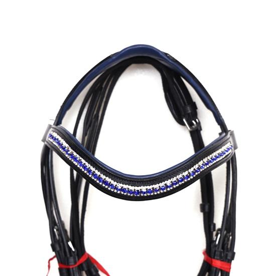 Patent Leather Dressage Bridle, 3 Row Brow-Band, Blue Padding.