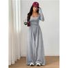 Women Fashion Casual Long Sleeve Square Neck Solid Wide Leg Jumpsuit