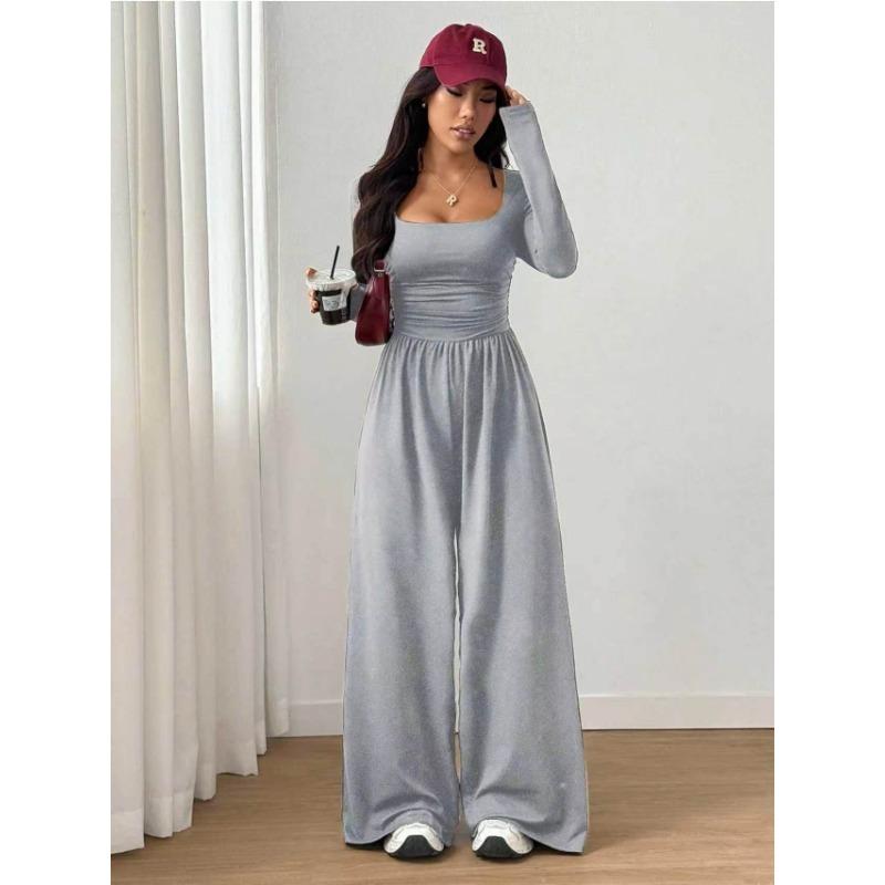 Women Fashion Casual Long Sleeve Square Neck Solid Wide Leg Jumpsuit