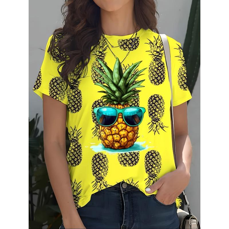 Summer Round Neck 3D Fruit Pineapple Orange Print Top Fashionable Casual Short Sleeved Women's T-shirts
