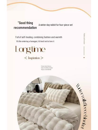 Premium Winter Rabbit Fur Plush Four-Piece Set: Thickened Coral Fleece & Milk Velvet Duvet Cover with Faux Fur Three-Piece Bed Sheet Set.