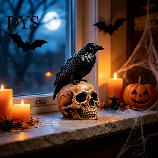 Creepy Gothic Accents Halloween Skull Figurine, Realistic Human Head Statue, Crow on Statue Sculpture for Home Tabletop Mantel Decor Decorations