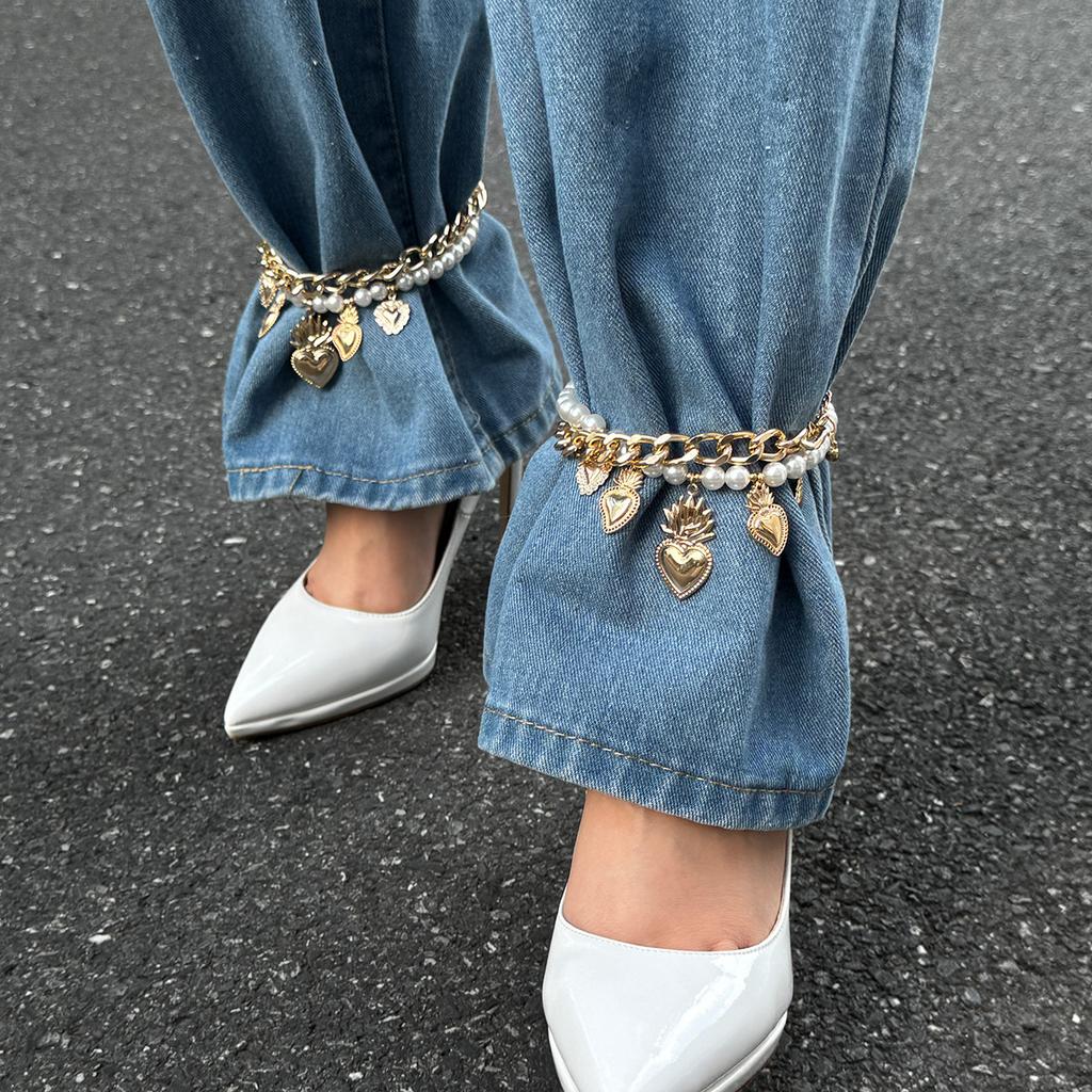 Summer Double-layer Love Heart Pendant Foot Anklet Chain Women Retro Creative Imitation Pearl Footchain Beach Jewelry