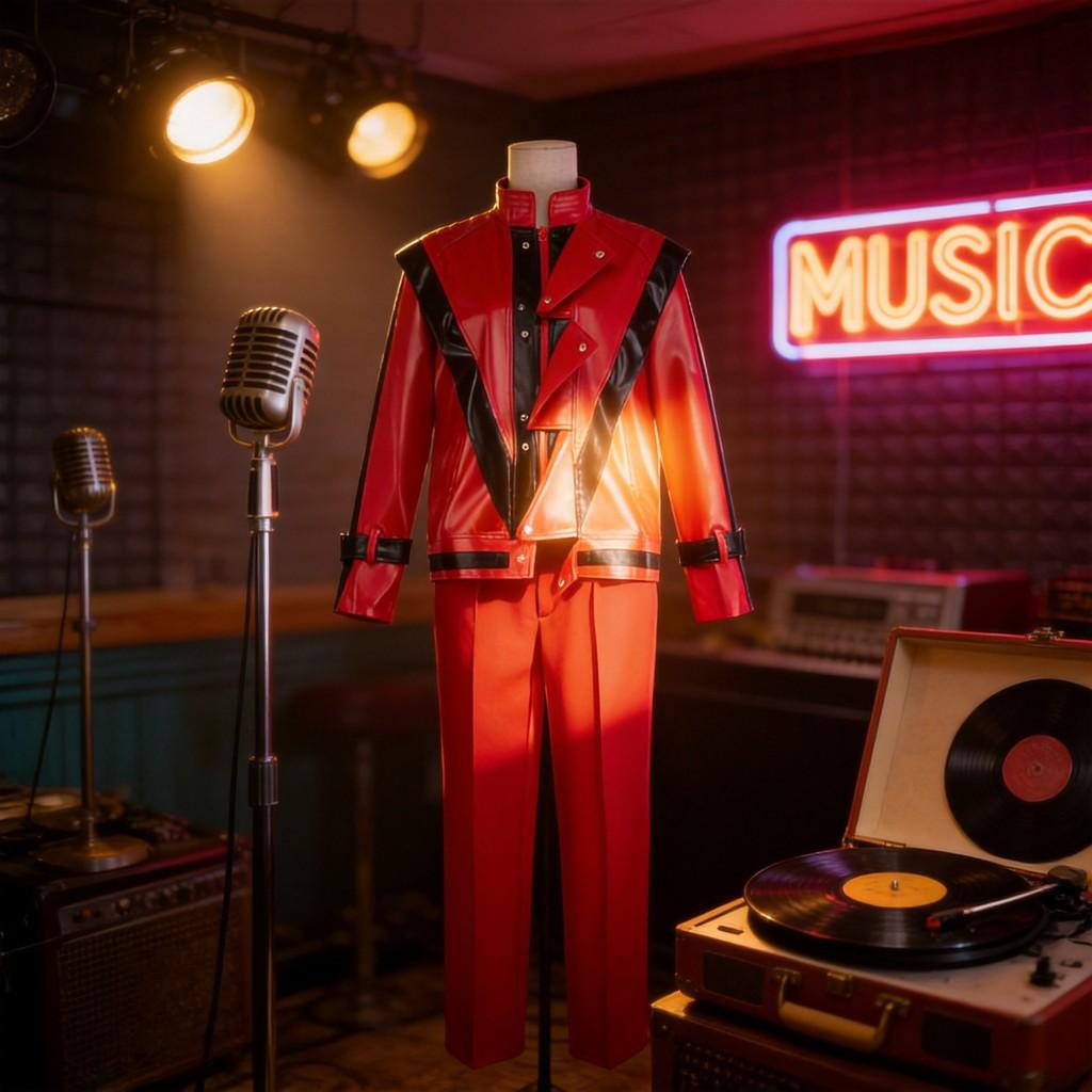 Disfraz de Michael Jackson: Chaqueta y pantalones de cuero rojo para artistas escénicos.