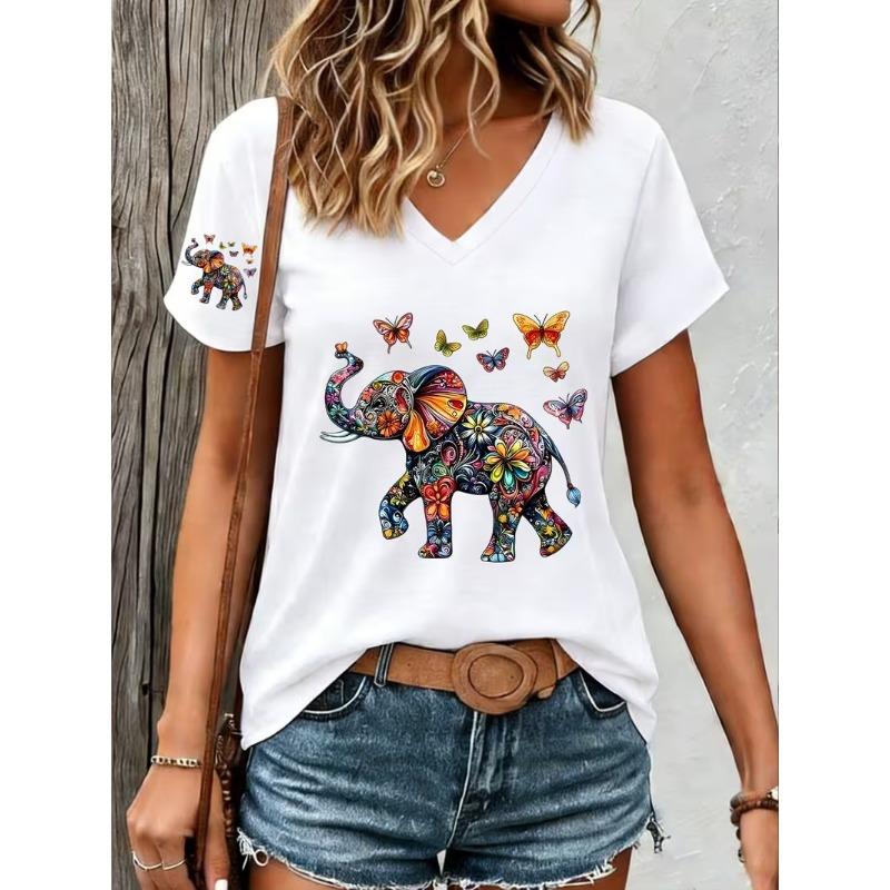 Modisches Retro-Tier Elefant 3D-Druck Damen-T-Shirt für Sommerkomfort V-Ausschnitt Kurzarm Täglich