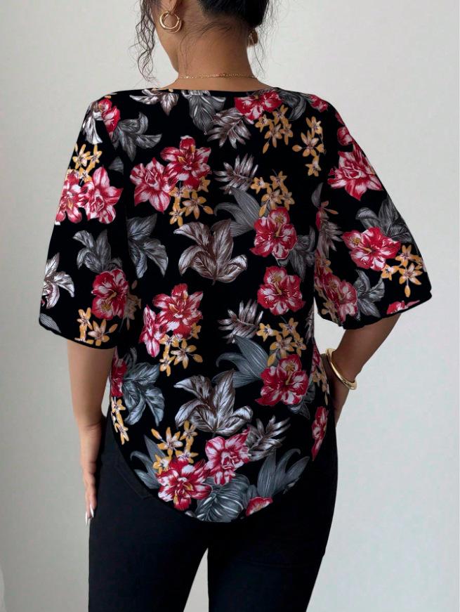 2026 Elegant European & American Chiffon Print Flare Sleeve Semi-Sheer Top for Women