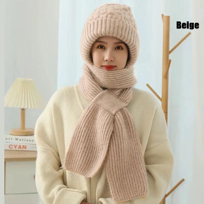 Winter Womens Knitted Hat Double Warm Padded Thickened Hat Scarf One Wool Knitting Net Red Pop Wind and Snow Beanies Hats