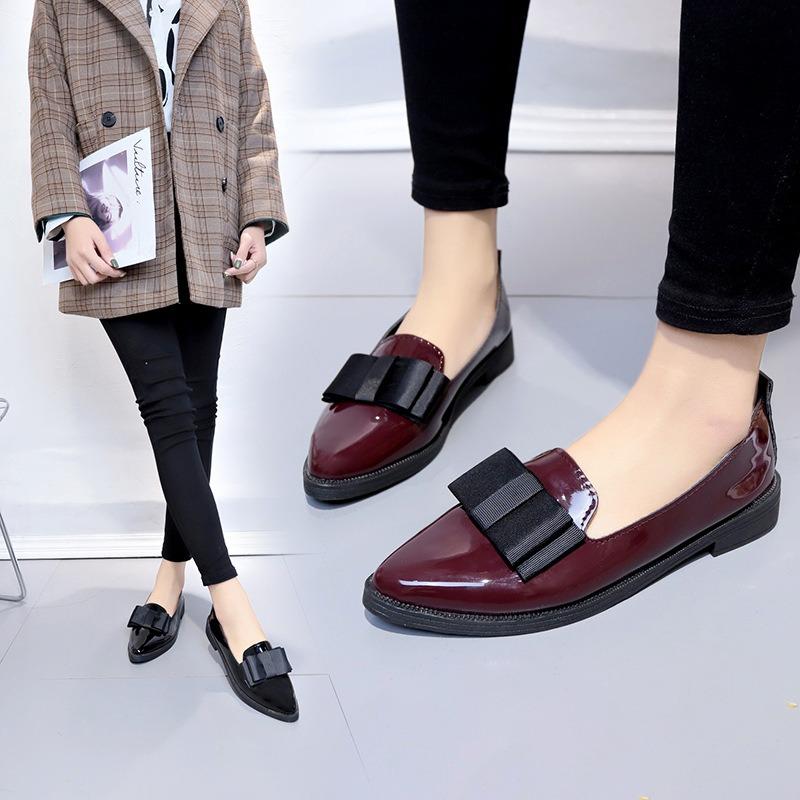 Spring Bow Pointed Casual Low-top Single Shoes Women's Flat Bottom Shallow Mouth Simple Foot Cover Commuter Women's Leather Shoes