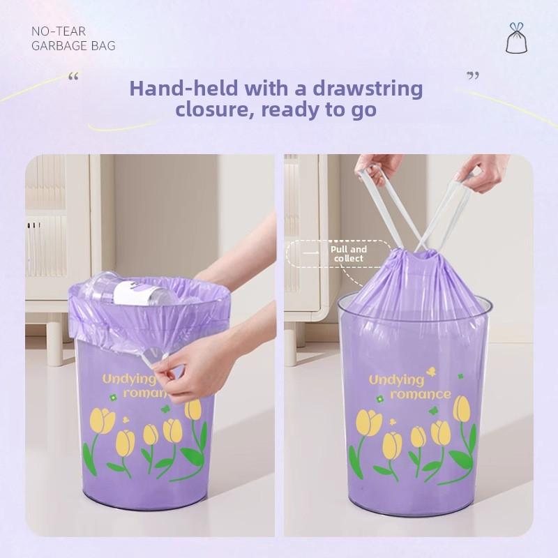 Thick Pe Reusable Trash Bag With Drawstring And Tulip Pattern For Home Waste Disposal