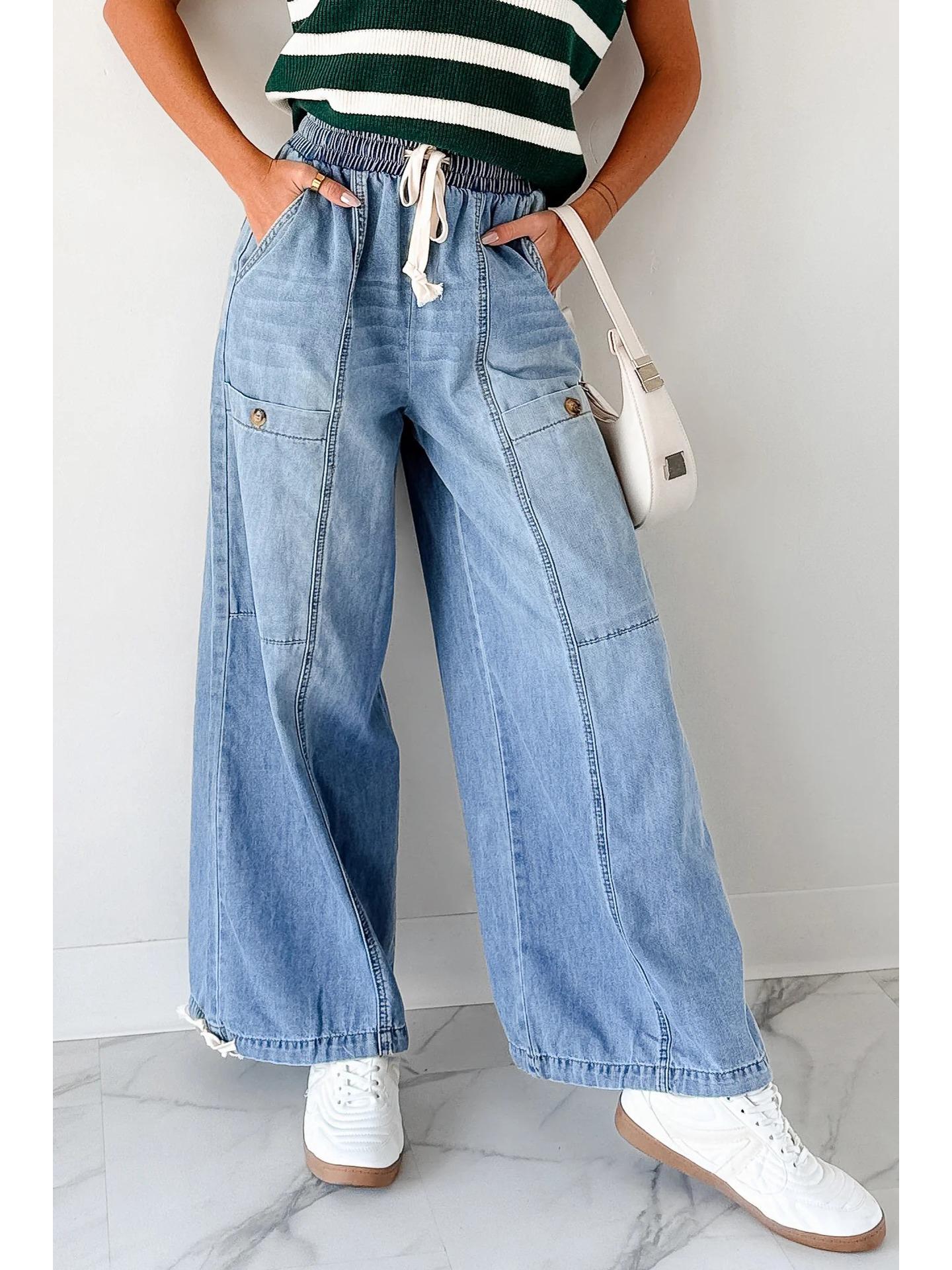 2026 Spring Women s Retro Patchwork High Waist Wide Leg Denim Pants M