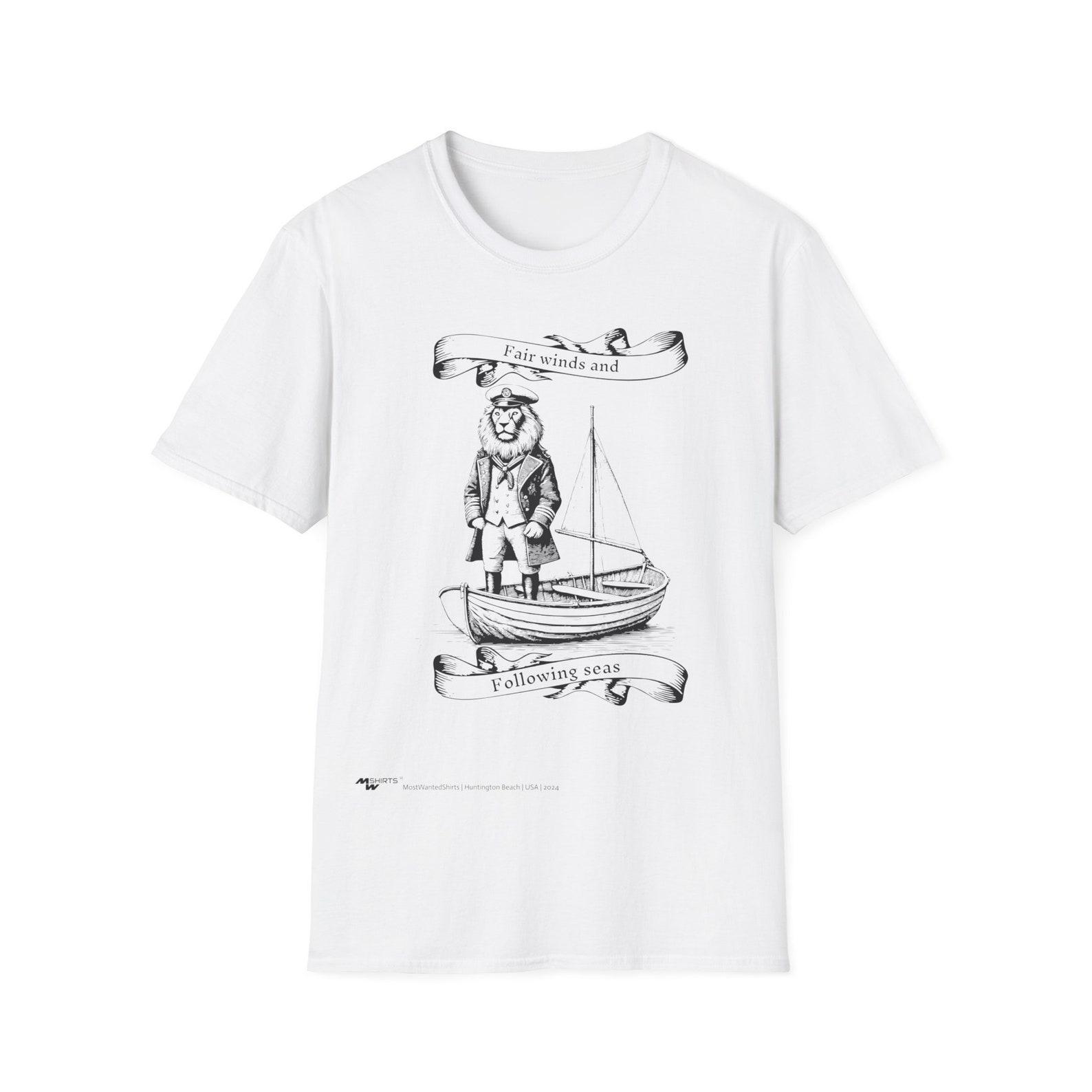 Fair Wind and Following Seas Sailing Lion T-Shirt - Copper Engraving Style/ Unisex Softstyle T-Shirt 2XL