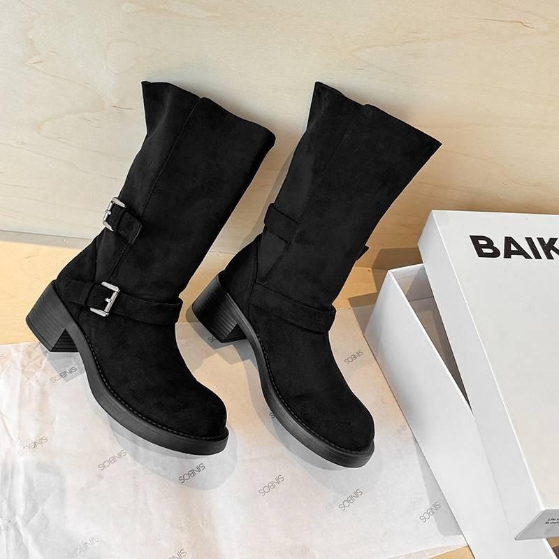 Autumn and Winter Women's Leather Boots Solid Color Leather Medium Heel Large Size Women's Boots Round Head Versatile High Boots Thick-soled Knight Bo