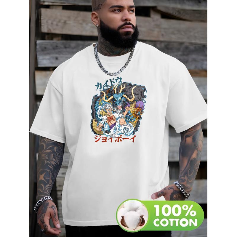 Men's Anime Dragon & Warrior Graphic Cotton T-Shirt - Retro Streetwear Tee with Loose Fit, Short Sleeve Round Neck, Vibrant Dragon & Warrior Print,