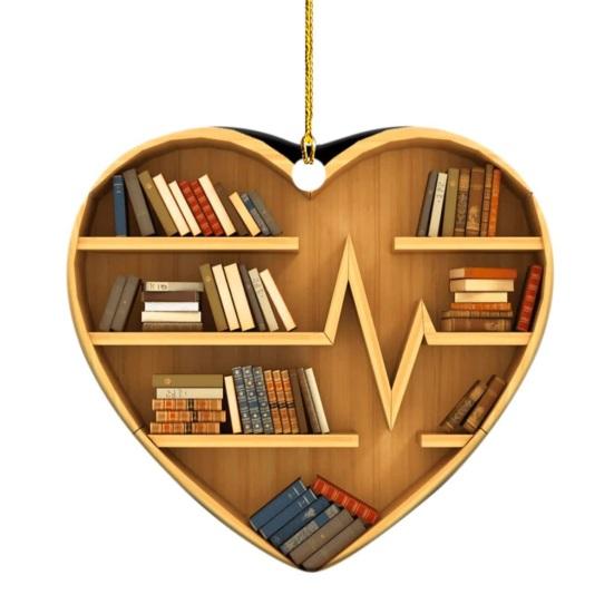 Heart Shaped Christmas Ornament Acrylic Bookshelf Xmas Tree Hanging Decorations 2D Flat Printed Book Gifts for Book Lovers
