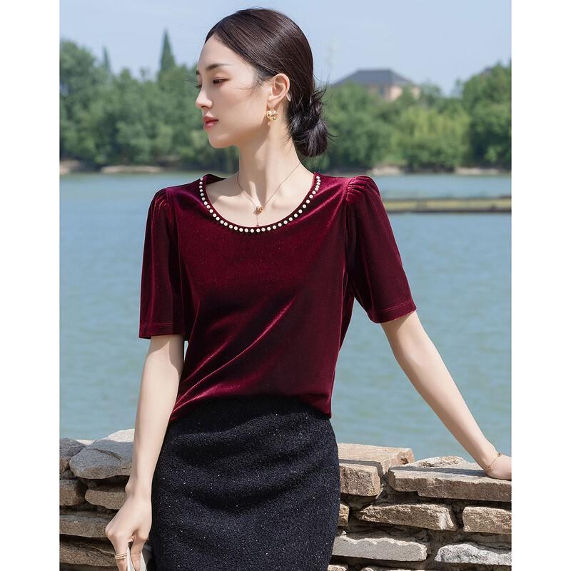 

Demana Velvet Story Women s Retro Beaded Puff Sleeve Slim Fit T-shirt L