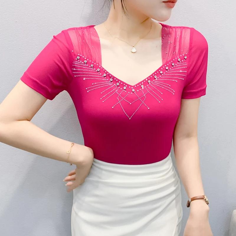 New European Sweet Women's Clothes T-shirt Chic Shiny Hot Diamonds Mesh Tees Sexy Square Neck Short Sleeve Female Summer Tops