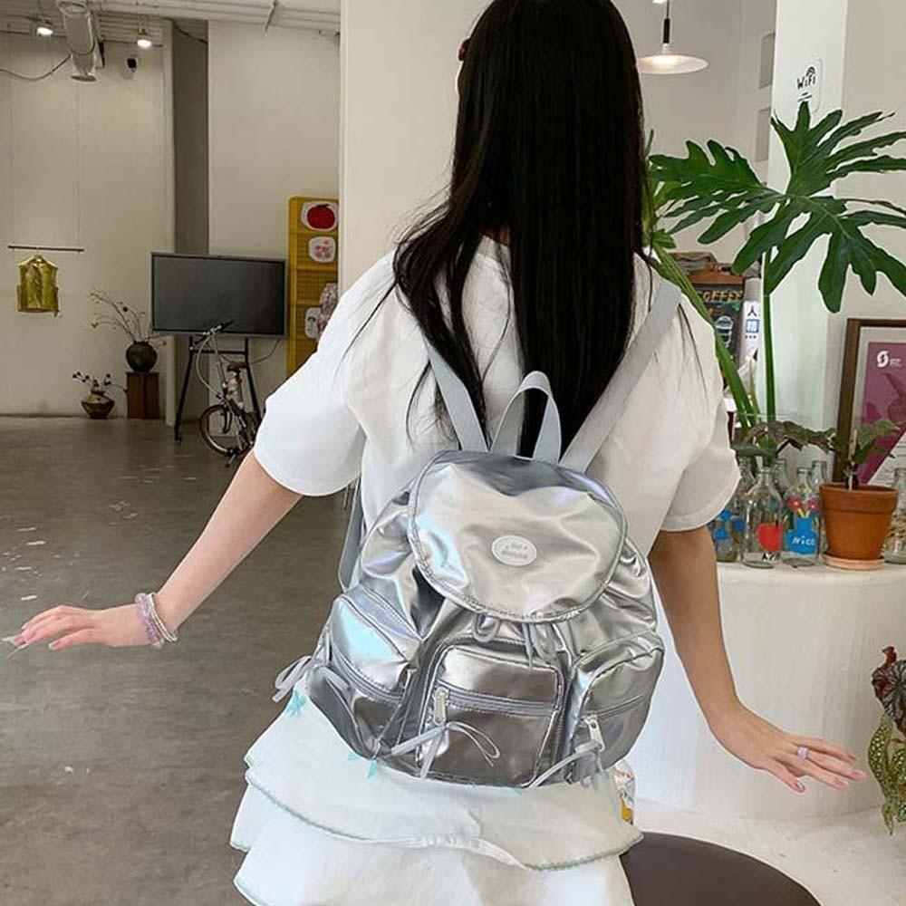 Sweet Women Daily School Bag Large Capacity Silver PU Daypack Korean Drawstring Backpack  Outdoor