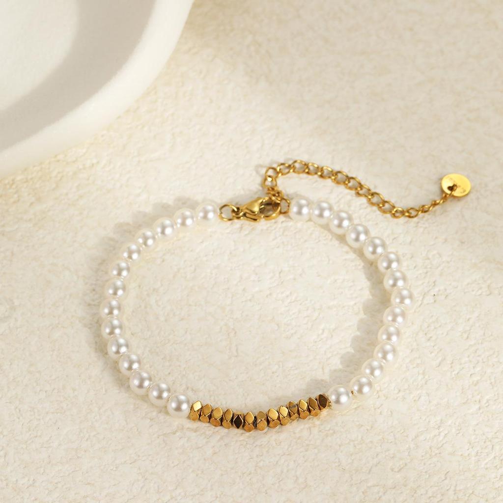 Elegant Baroque Faux Pearl Stainless Steel Layered Bracelet Earrings Set