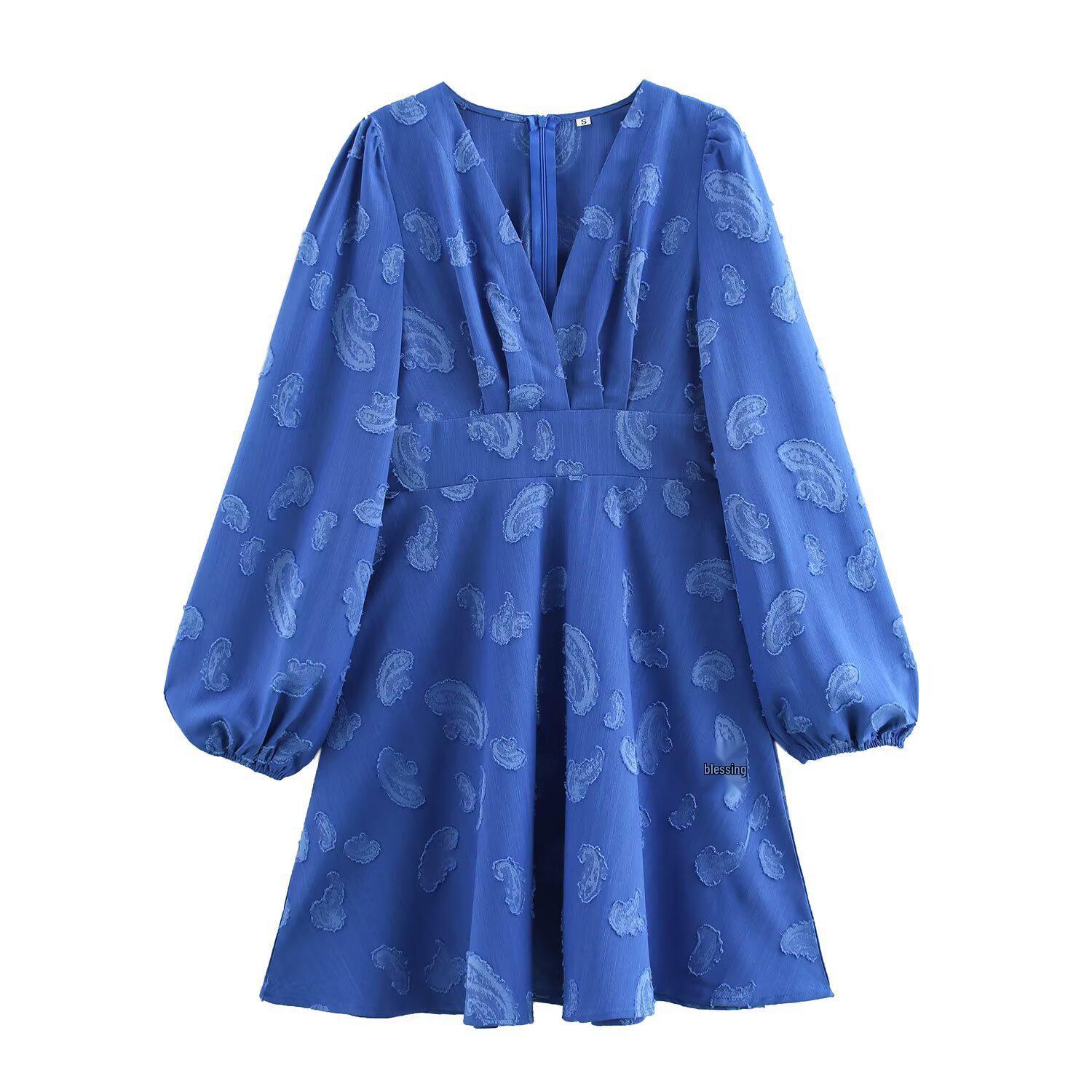 

Весна 2025 Женское платье в европейском и американском стиле с V-образным вырезом и облегающее талию M синий