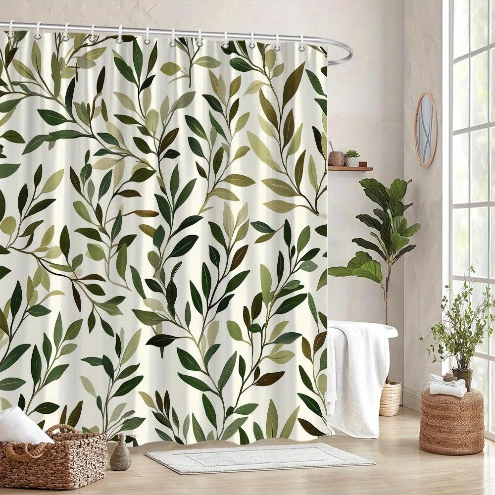 Leafy Branches Shower Curtain - Green & Brown Botanical Design, Light Cream Background,  12 Hooks, Machine Washable, Bath Deco