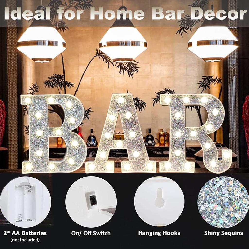 Light Up Bar Sign, Glitter Marquee Bar Letter Signs for Home Decor, Illuminated Bar Letter Lights Battery Powered for Bar Accessories Bistro Party