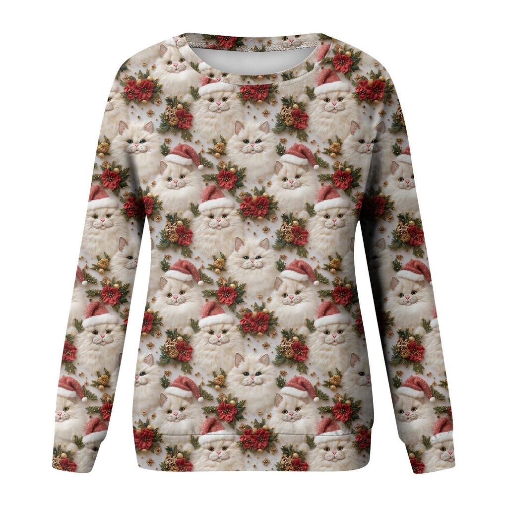 Women's Fashionable Casual Long-sleeved Retro Christmas Snowman Print Round Neck Top