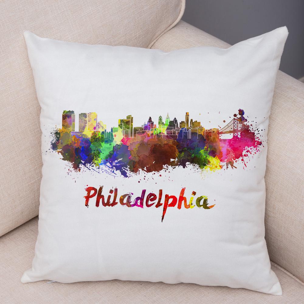 Watercolor City Skyline Cushion Cover Global Landmarks Art Print Soft Linen Living Room Bedroom Home Decor Pillow Case