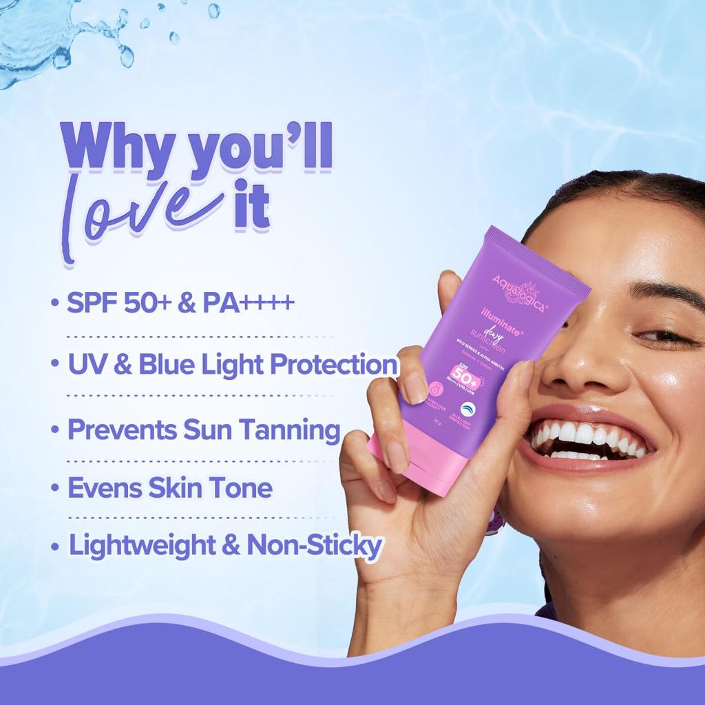 Aqualogica Illuminate+ Dewy Sunscreen Gel SPF 50+ PA++++ 30 g | Broad Spectrum Sun Protection | Lightweight & Luminous Skin
