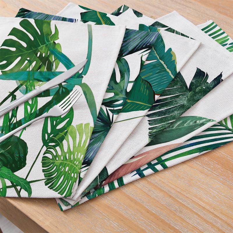 Natural Linen Placemat Set Tropical Plant Print Heat Resistant Table Mat Dining Kitchen Nordic Style Square