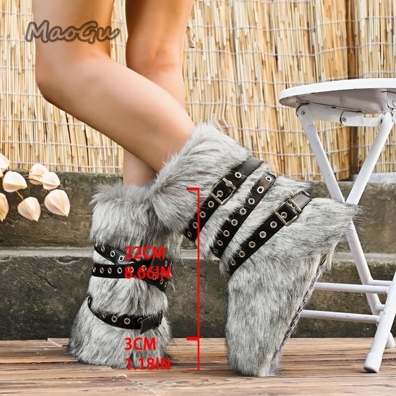 Fashion Faux Fur Boots Women Winter Snow Boots Luxury Fluffy Fuzzy Short Botas Warm Cozy Mid-Calf Botas Mujer Cross Belt Buckle PlusSize