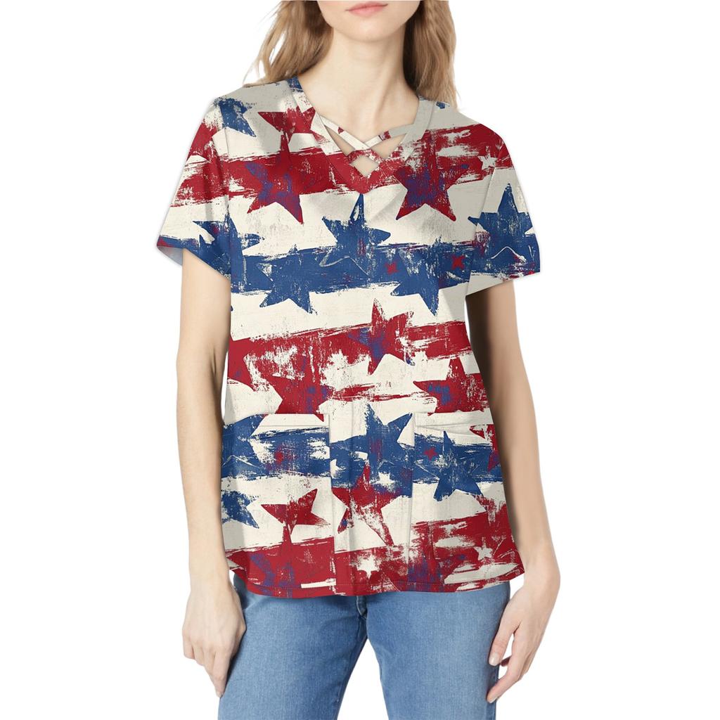 Women's Short Sleeve Stagger V Neck  Print Pocket Dry-nurse Top