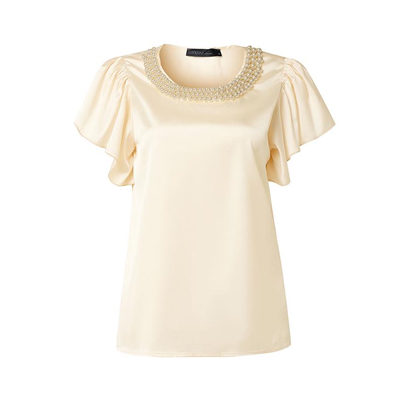 ZANZEA Women Pearl Splice Round Neck Casual Short Sleeve Satin Blouse