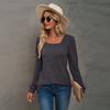 Autumn and Winter Popular T-shirt Solid Color U-neck Wrinkled Long-sleeved Casual Puff Sleeve Bottoming Shirt