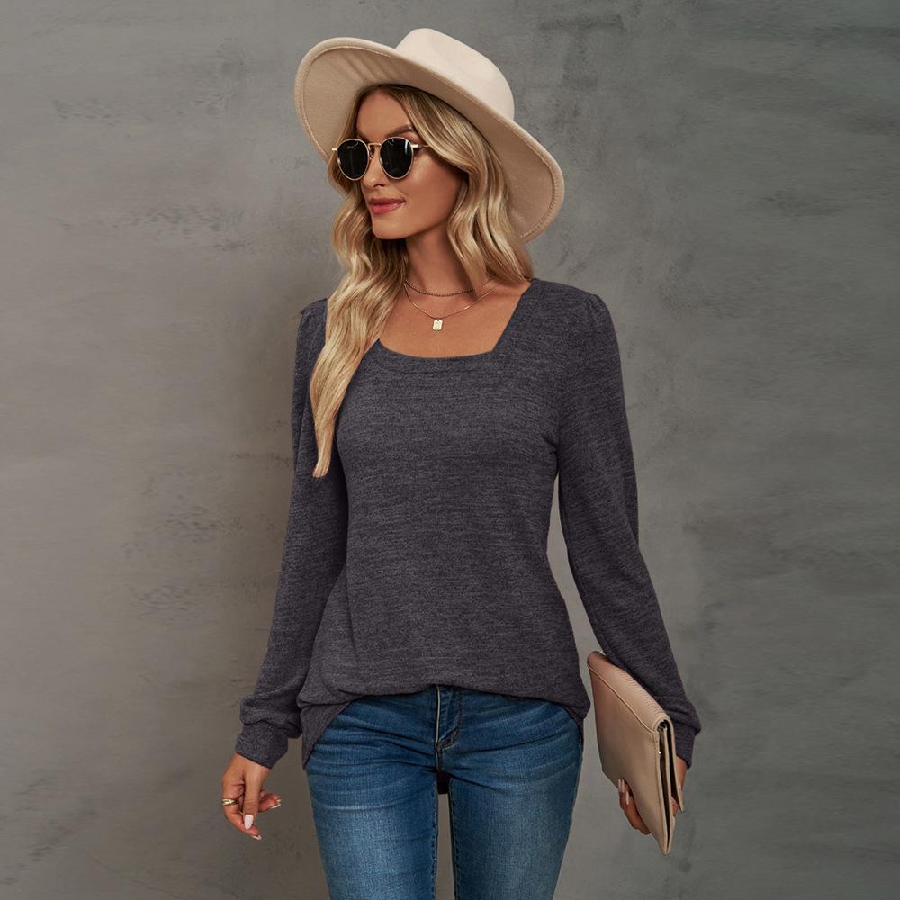 Autumn and Winter Popular T-shirt Solid Color U-neck Wrinkled Long-sleeved Casual Puff Sleeve Bottoming Shirt