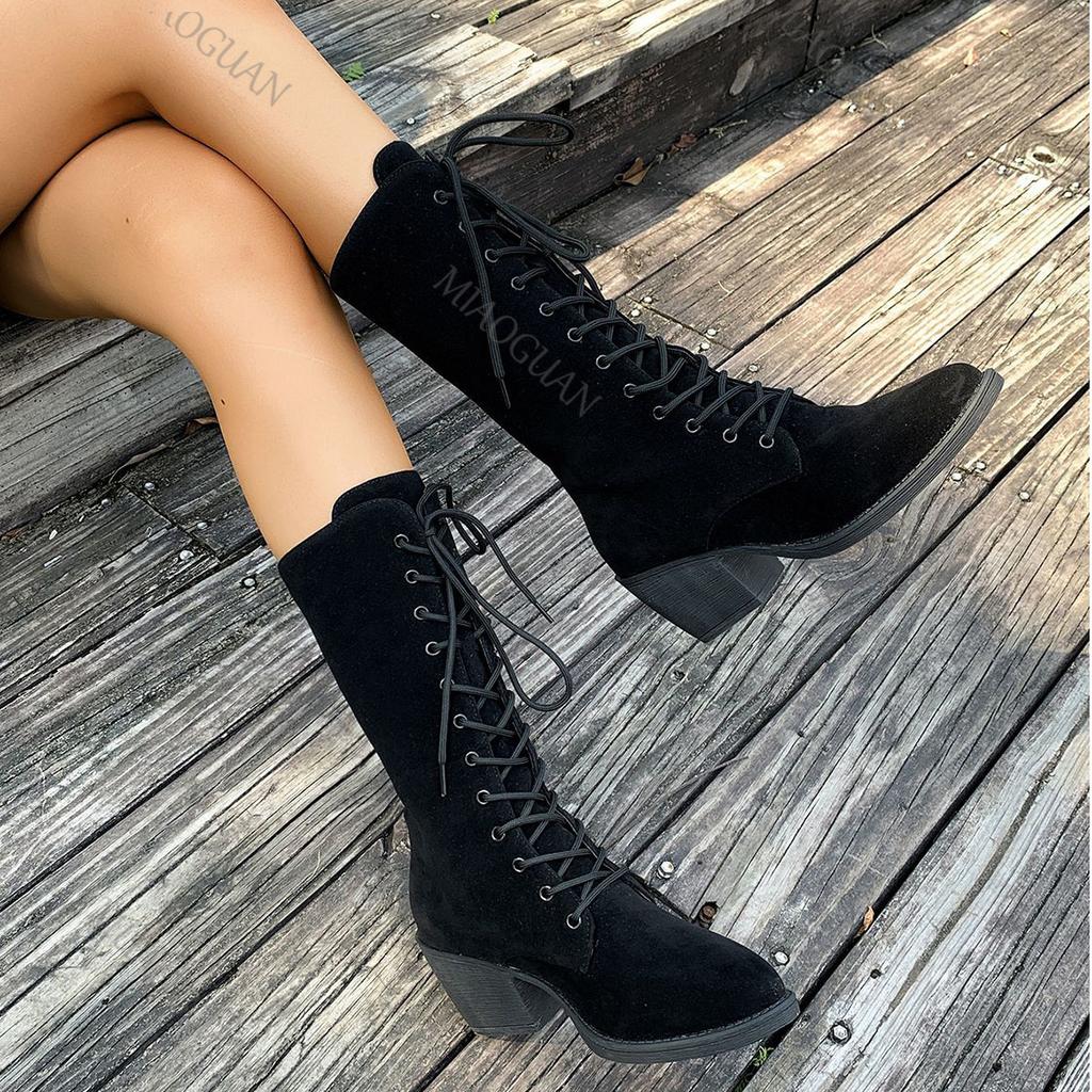 Fashion 2025 Autumn L New Pointed Head Suede Mid-calf Boots for Women Black Coffee Chunky High Heels Women's Shoes Front Lace Up Boats