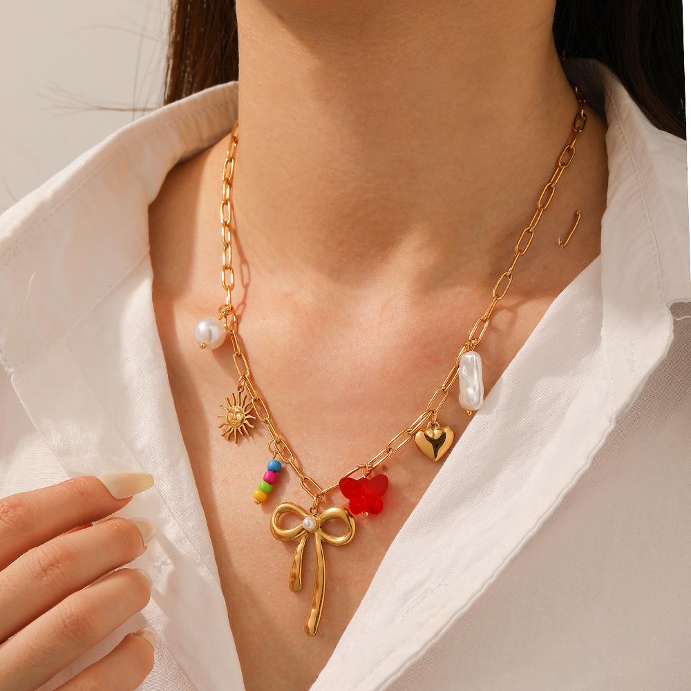 316L Stainless Steel Pearl Inlay Big Bowknow Sun Heart Pendant Necklace Women Trendy Personality Neck Chain Jewelry