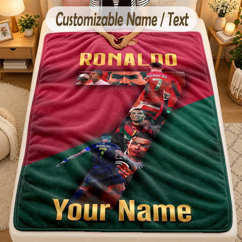 Flannel BlanketCristiano Ronaldo Custom Name Text Personalized Soft Warm Throw Blanket Home Decor Gift