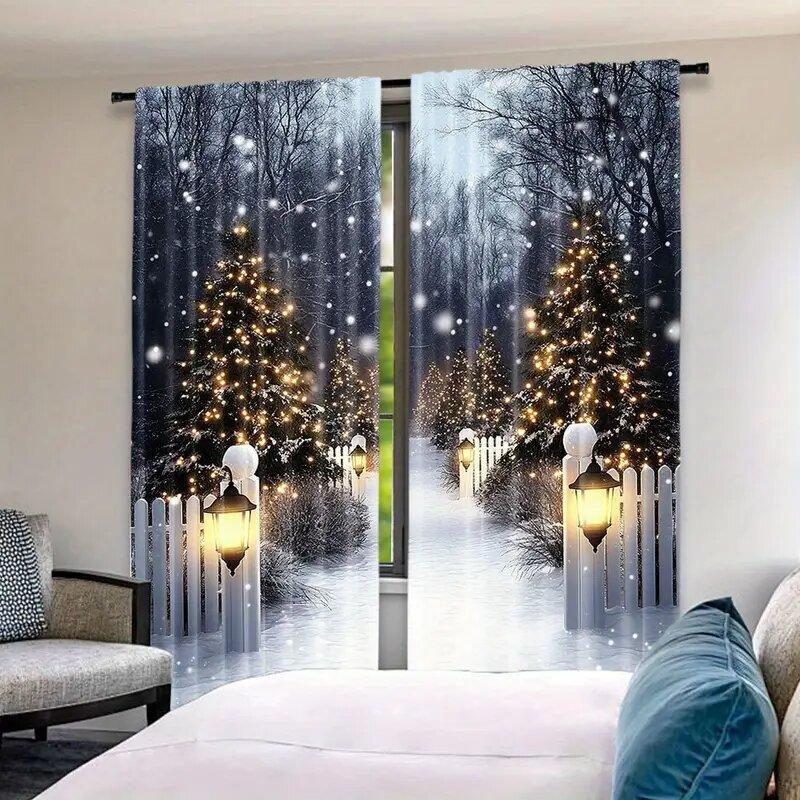 Christmas Snow Scene Printed Pole Bag Curtains Bedroom Living Room Decoration Home Curtain Set Of 2 Made Polyester Washable Ready