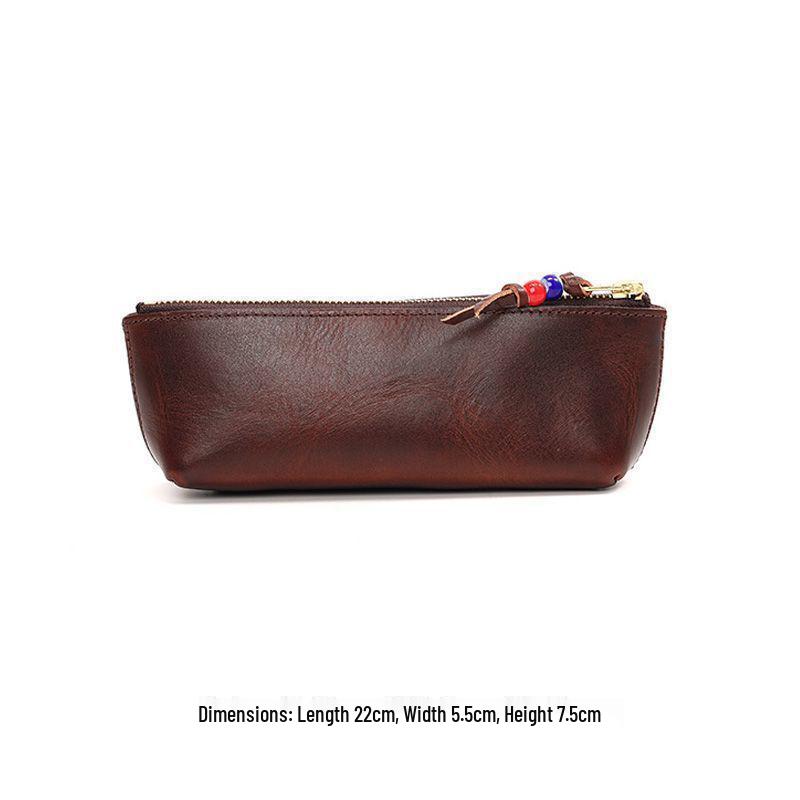 Luxurious Retro Zipper Pencil Case - Handmade, Large Capacity, Oil Wax Leather Pen Box for Students, Fountain Pen Holder