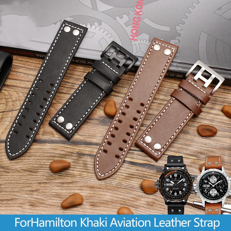 JEDNA Pasek do zegarka ze skóry naturalnej dla serii Hamilton Khaki Aviation Field Męski Pasek do zegarka Bransoleta z nitami Pasek Brązowy 20mm 22mmMN