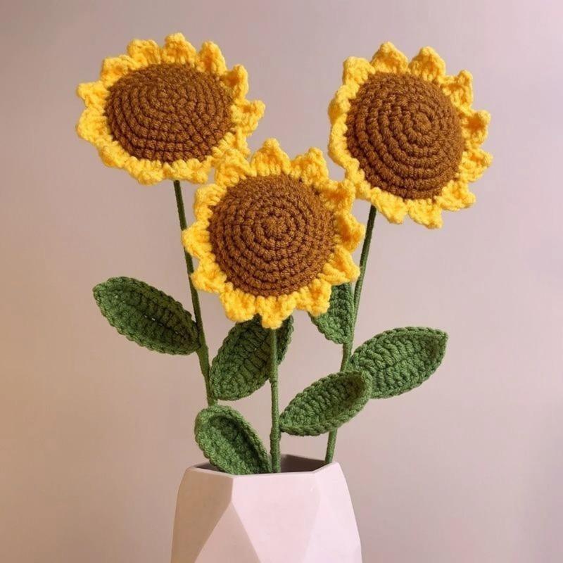 Artificial Flowers Handmade Crocheted Yarn Sunflower, Outdoor Garden Wedding Bride Bouquet Christmas Home Vase Holiday DIY Gift