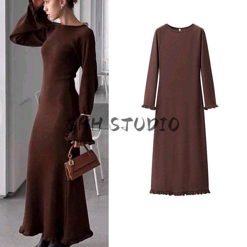 Spring New Women's Clothing French Style Casual round Neck Long Sleeves High Waist A- line Knitting Mid Length Long Length Mini Dress