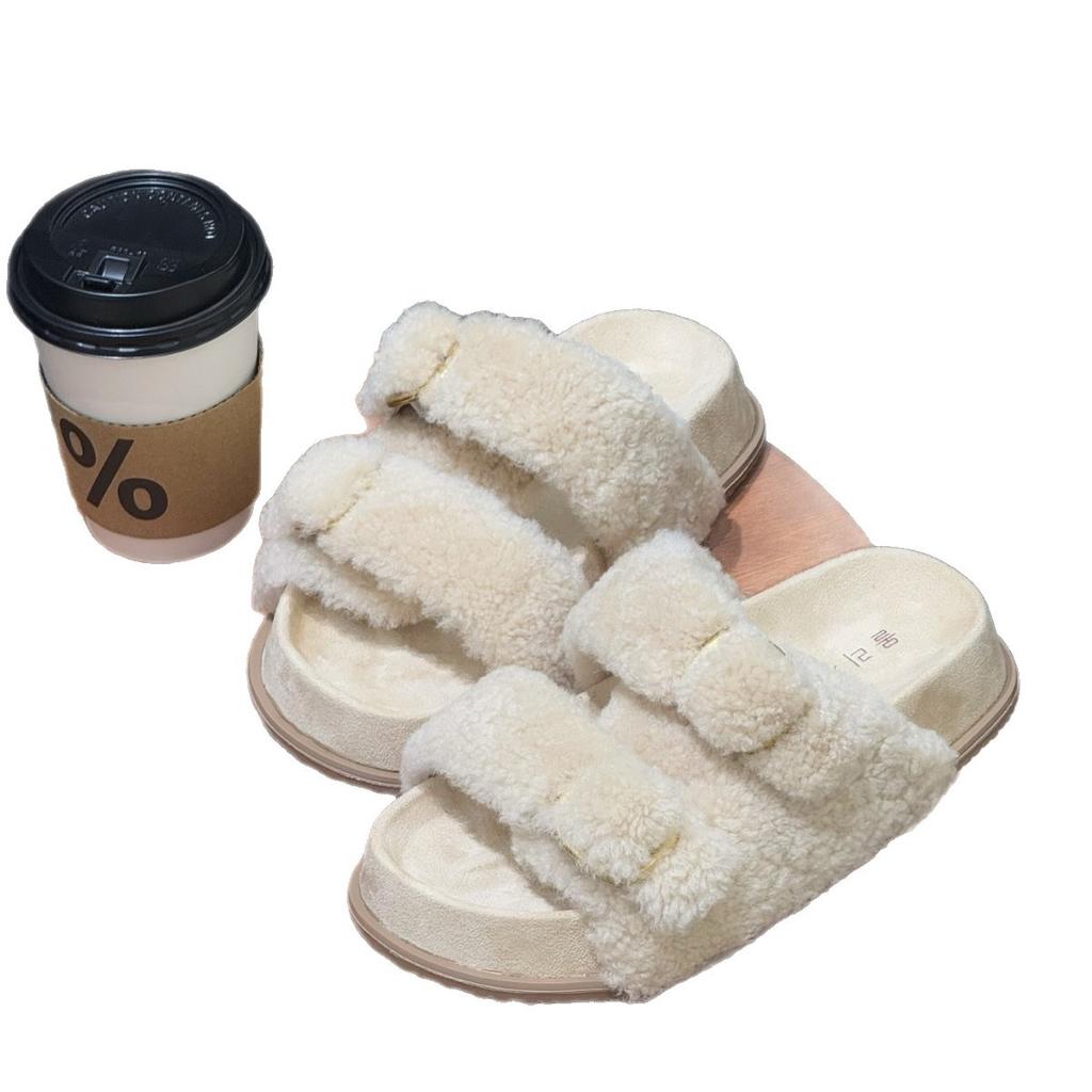 Korean version of gray fluffy slippers women's models in early autumn 2025 new thick-bottomed piled outer wear plush Birkencotton slippers