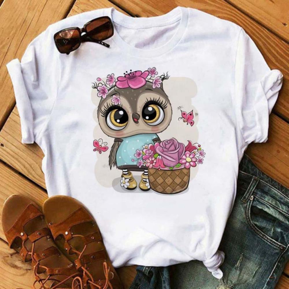 Cartoon Owl Printed T-shirt Women's Pattern Shirt Casual Short Sleeve Black Women's T-shirt O-neck Harajuku T-shirt