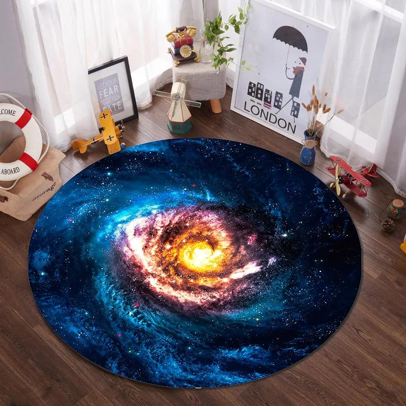 Earth & Moon Galaxy Print Round Carpet – Geometric Space Pattern Anti-Slip Rug for Living Room, Sofa, Coffee Table Decor